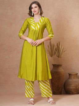 FASHOR - Ethnic A-Line Pleated Kurta with Printed Pant - Lime Green (Set of 2)