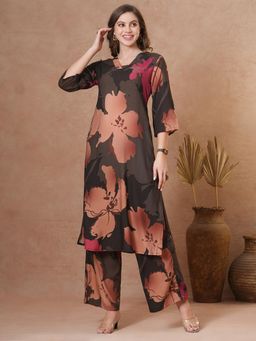 FASHOR - Abstract Floral Printed Kurta with Palazzo - Black (Set of 2)