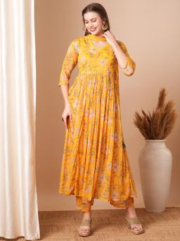 FASHOR - Ethnic Floral Printed A-Line Pleated Anarkali with Pant & Dupatta - Yellow (Set of 3)