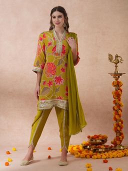 FASHOR - Abstract Floral & Embroidered Kurta with Dhoti Pant & Dupatta - Lime Green (Set of 3)
