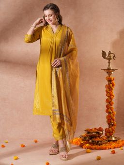 FASHOR - Ethnic Embroidered Kurta with Pant & Printed Dupatta -Yellow (Set of 3)