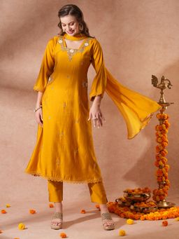 FASHOR - Ethnic Embroidered Kurta with Pant & Dupatta - Mustard (Set of 3)