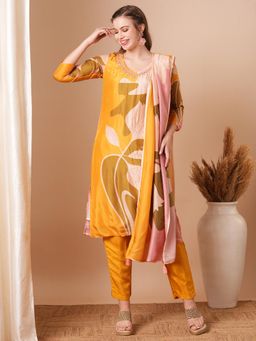 FASHOR - Abstract Printed & Embroidered Kurta with Pant & Dupatta - Yellow (Set of 3)
