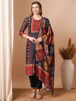 FASHOR - Ethnic Printed & Embroidered Kurta with Pant & Dupatta - Navy Blue (Set of 3)