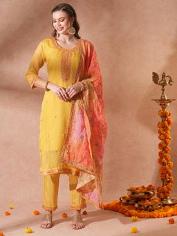 FASHOR - Gota Patti Embroidered Kurta with Pant & Printed Dupatta - Yellow (Set of 3)