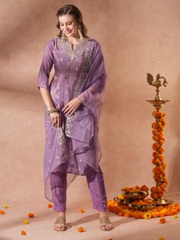 FASHOR - Ethnic Embroidered Kurta with Pant & Dupatta - Purple (Set of 3)