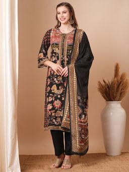 FASHOR - Ethnic Printed & Embroidered Kurta with Pant & Dupatta - Black (Set of 3)