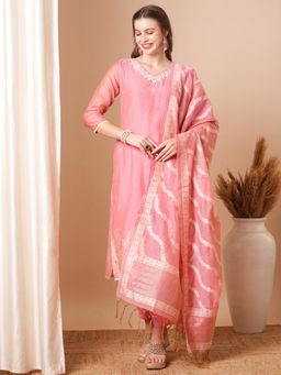 FASHOR - Floral Woven & Embroidered Kurta with Pant & Dupatta - Pink (Set of 3)
