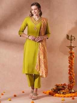 FASHOR - Ethnic Embroidered Kurta with Pant & Dupatta - Lime Green (Set of 3)