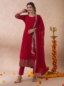 FASHOR - Ethnic Zari Embroidered Anarkali Flared Kurta with Pant & Dupatta - Red (Set of 3)