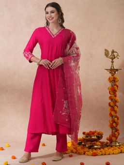 FASHOR - Floral Zari Embroidered Anarkali Kurta with Pant & Tissue Dupatta - Pink (Set of 3)