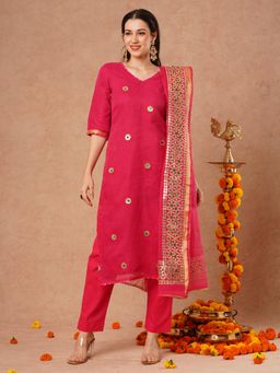 FASHOR - Floral Gota Patti Embroidered Kurta with Pant & Dupatta - Pink (Set of 3)