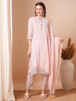 FASHOR - Floral Embroidered Kurta with Pant & Dupatta - Pink (Set of 3)