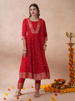 FASHOR - Ethnic Embroidered & Woven Anarkali Kurta with Pant & Dupatta - Red (Set of 3)