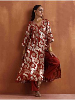 trueBrowns - Rust Metallic Angrakha Kurta with Pant (Set of 2)