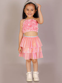 Lil Drama - Paris Nights Girls Pink 3d Flower Party Crop Top And Skirt Set (Set of 2)