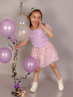 Lil Drama - Paris Nights Girls Lilac 3d Flower Party Skirt With Top Set (Set of 2)