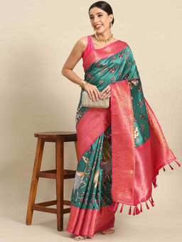 Silk Land - Women Kalamkari Printed Soft Silk Saree with Unstitched Blouse - Turquoise