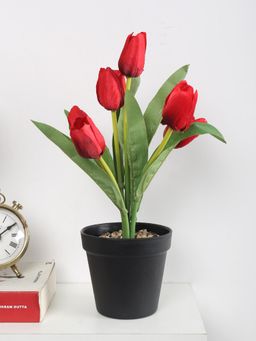 ARICK DECOR - Artificial Red Mini Tulip Flower Bonsai Plant with Pot