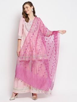 Dupatta Bazaar - Womens Purple Checkered Woven Organza Dupatta