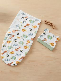 Baby Moo - Dino Print Ready Swaddle For Infant With Matching 3D Cap - White