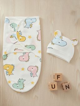 Baby Moo - Jungle Velcro Ready Swaddle For Infant With Matching 3D Cap - White