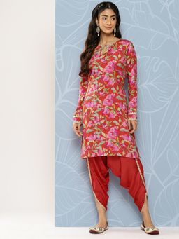 FASHOR - Floral Printed & Embroidered Kurta With Dhoti Pant - Red (Set of 2)