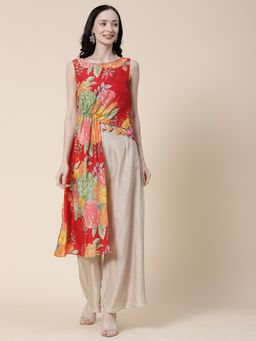 FASHOR - Floral & Hand Embroidered Asymmetric Kurta With Flared Palazzo - Red (Set of 2)