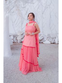 MONK & MEI - Sharmila Chikankari Kurta with Skirt Dupatta Peach Melon (Set of 3)