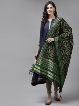 Yufta - Black and Green Safe Design Dupatta with Tassel