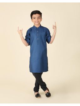 Fabindia - Blue Viscose Silk Chinese Collar Long Kurta