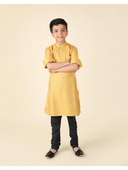 Fabindia - Mustard Viscose Silk Chinese Collar Long Kurta