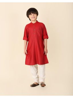 Fabindia - Red Viscose Silk Chinese Collar Long Kurta