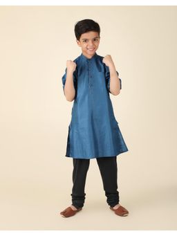 Fabindia - Blue Silk Chinese Collar Long Kurta