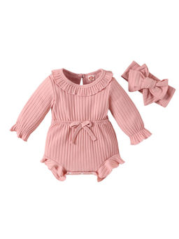 Hopscotch - Girls Pink Textured Full-Sleeve Onesie with Headband