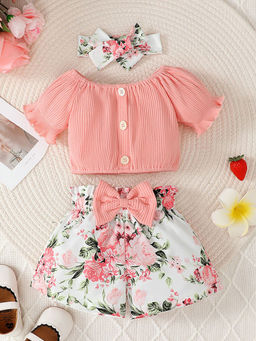 Hopscotch - Girls Peach and White Floral Print Top and Shorts with Headband