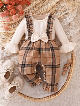 Hopscotch - Girls Brown and Beige Plaid Print Bow Applique Bell Sleeve Bodysuit