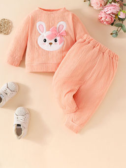 Hopscotch - Girls Peach Rabbit Embroidered Sweatshirt and Joggers