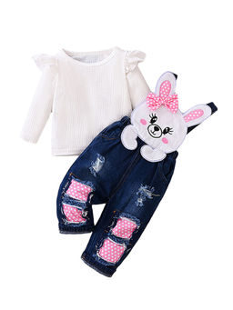 Hopscotch - Girls White and Blue Bunny Applique Top and Dungaree
