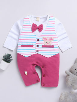 Hopscotch - Boys Pink Stripe Bow Applique Full-Sleeve Cotton Romper