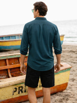 Louis Philippe - Mens Soft Feel Over Dyed Solid Teal Slim fit Casual Shirt