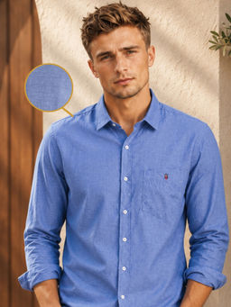 Louis Philippe - Mens Blue Textured Premium Easy Care Slim fit Casual Shirt