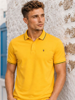 Louis Philippe - Men's Yellow Polo T-Shirt with Collar Tipping and Branding on Sleeve