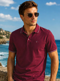Louis Philippe - Men's Wine Polo T-Shirt with Collar Tipping and Branding on Sleeve