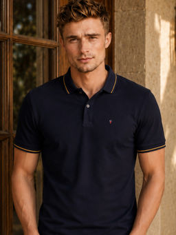 Louis Philippe - Men's Navy Polo T-Shirt with Collar Tipping and Branding on Sleeve