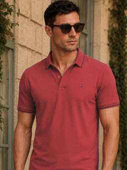 Louis Philippe - Men's Red Polo T-Shirt with Collar Tipping and Branding on Sleeve