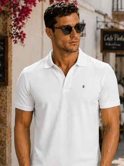 Louis Philippe - Men's Slim Fit Solid White Pique Polo Tshirt