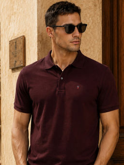 Louis Philippe - Men's Slim Fit Solid Maroon Pique Polo Tshirt