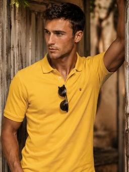 Louis Philippe - Men's Slim Fit Solid Yellow Pique Polo Tshirt