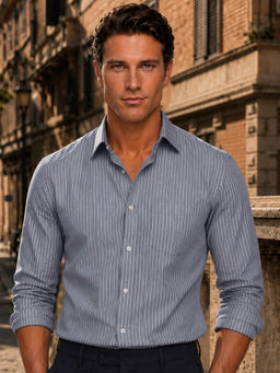 Louis Philippe - Mens Grey Stripe Easy to Iron Cotton Slim fit Stripe Formal Shirt